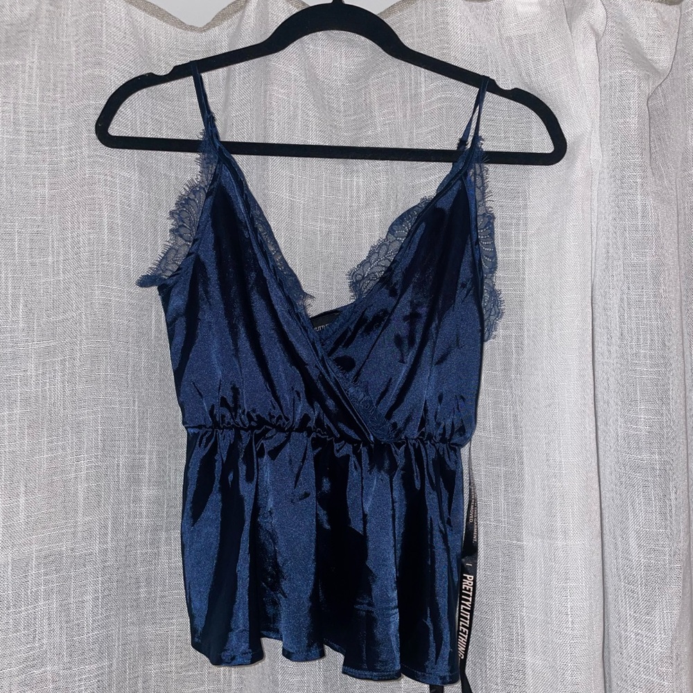 PrettyLittleThing Deep Blue Satin Top